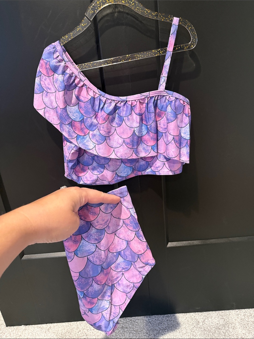 Girls One-Shoulder Mermaid Print Tankini - Purple Pink